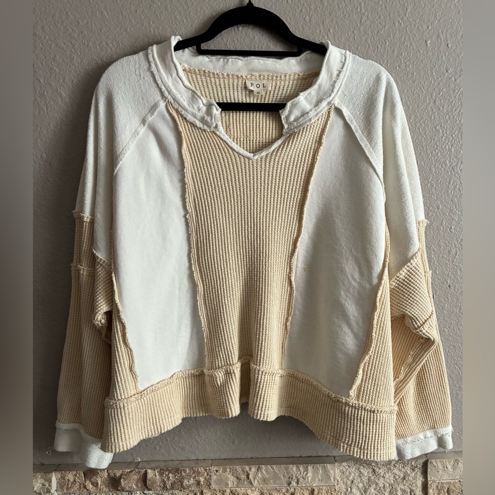 POL Waffle-Knit Contrast Notched Long Sleeve Knit Top